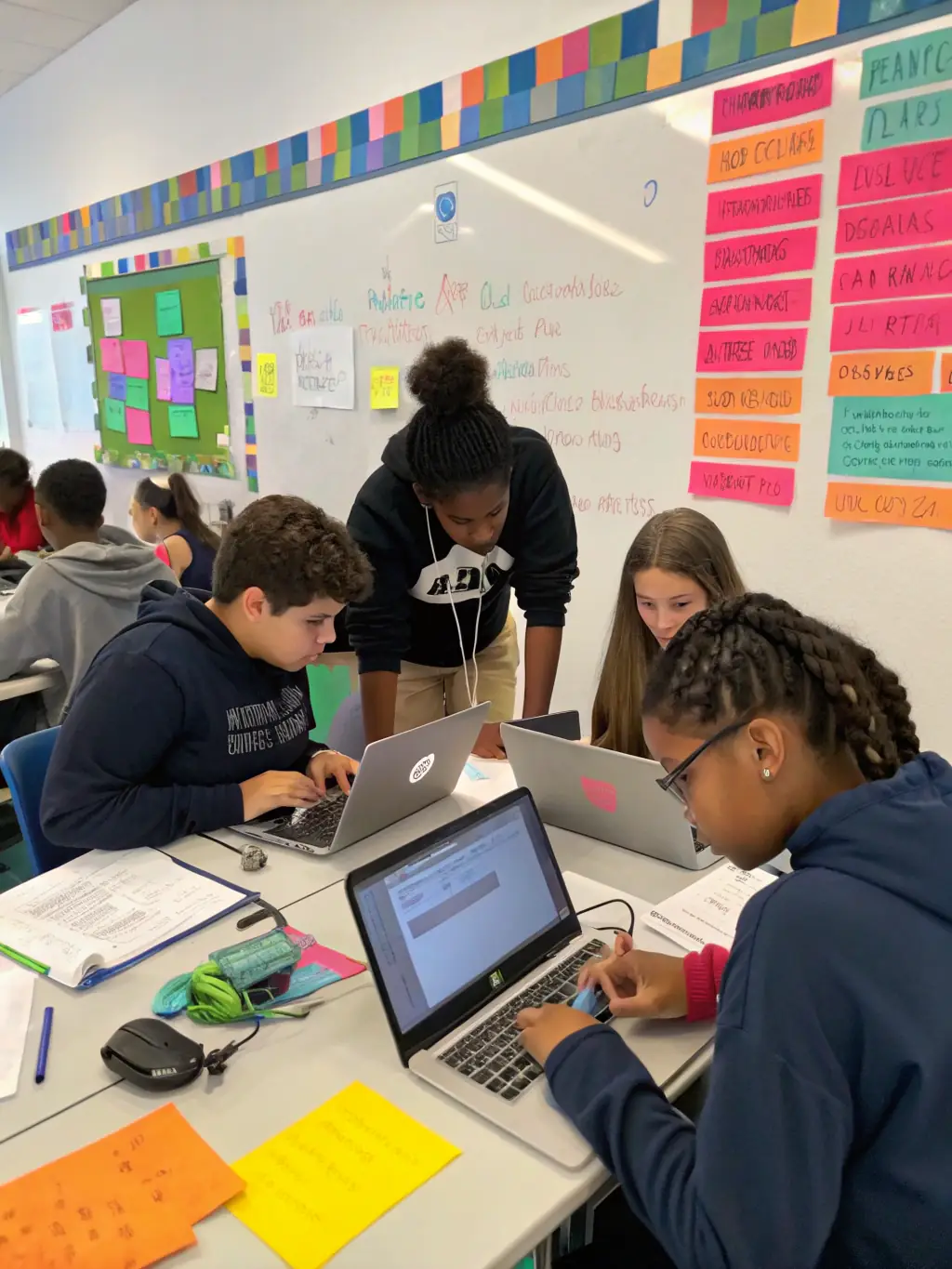 A diverse group of students collaborating on a coding project, showcasing the collaborative and supportive learning environment of the bootcamps, used to showcase the Full-Stack Web Development course.