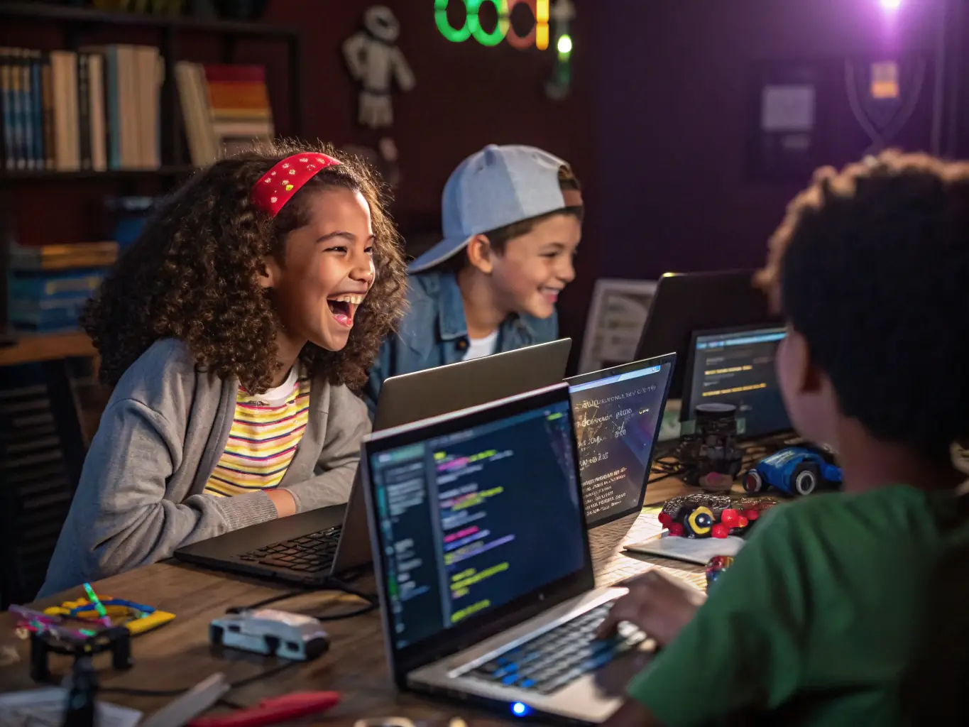 An image depicting a diverse group of students collaborating on a coding project, using various tools and technologies, in a bright and modern classroom setting.