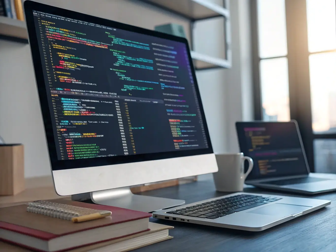 A focused image of a Python code snippet on a laptop screen, highlighting its readability and versatility, set in a modern, collaborative coding environment.