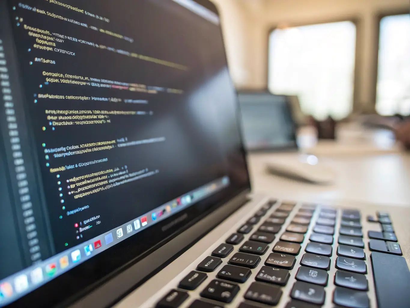 A close-up shot of a laptop screen displaying JavaScript code, highlighting the focus on front-end and back-end development in Skillhub's JavaScript Bootcamp.