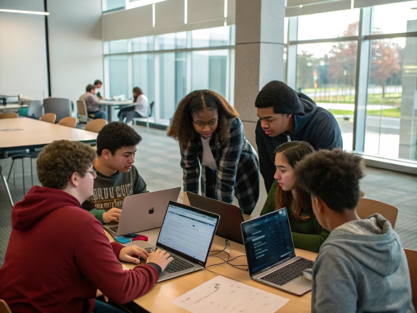 A diverse group of students collaborating on a coding project in a modern classroom setting, reflecting the collaborative learning environment of Skillhub's bootcamps.